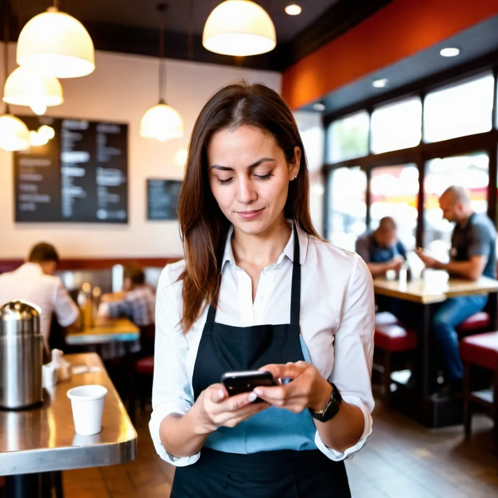 Prompt: restaurant owner looking management app on her phone in the restaurant blured in the background