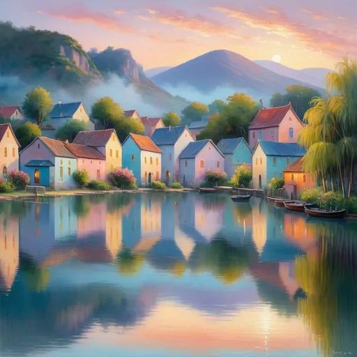 Prompt: A serene lakeside village at dawn, reflecting the soft pastel colors of the sky in impressionist style.