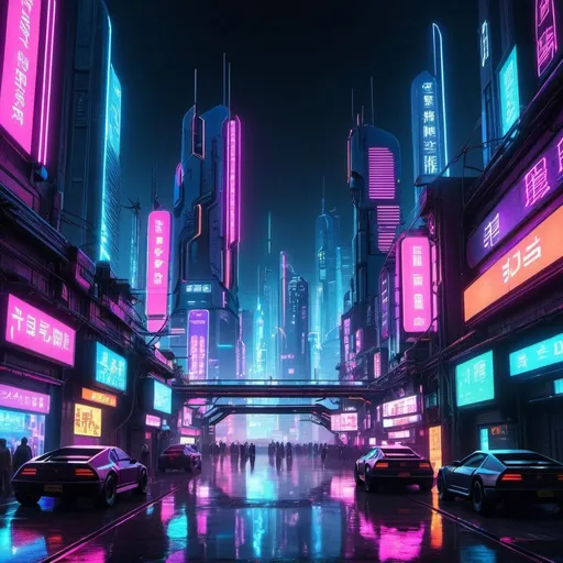 Prompt: A futuristic cityscape at night, illuminated by neon lights, in a cyberpunk style.