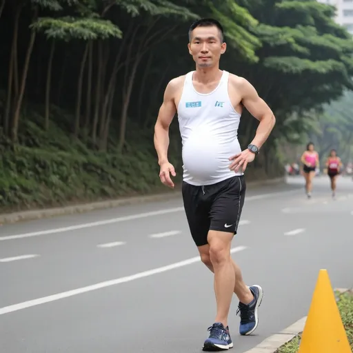 Prompt: a taiwanese pregnant male runner with pregnant bump