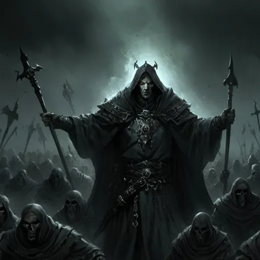 Prompt: An ancient and evil warlock necromancer has awoken from a thousand year slumber determined to destroy the kingdom of men who defied him so long ago he leads his army of the damned and walock cultists to battle