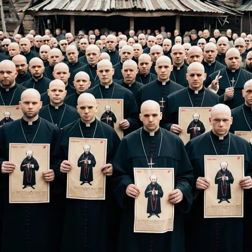 Prompt: a crowd of bald priests holding a poster with the inscription RASKOSUYE in their hands. let them hang Voodoo dolls around their necks