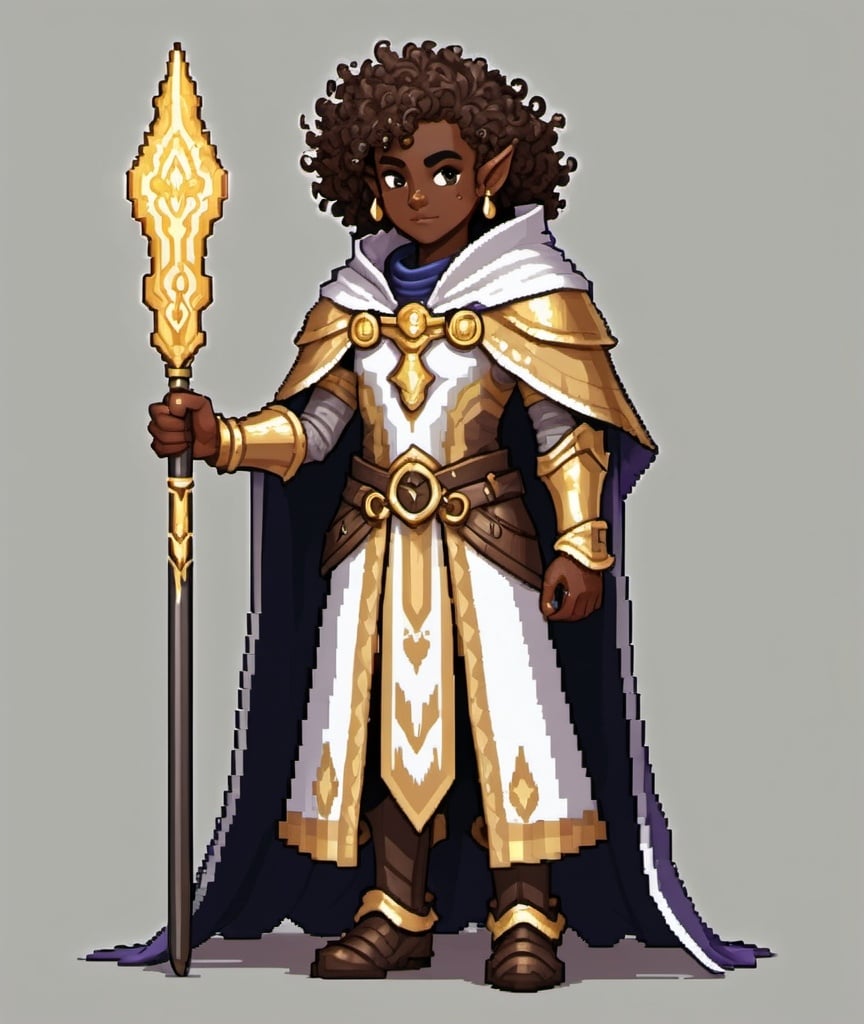 Prompt: "Pixel art of a dark-skinned elf mage with curly hair, wearing a white and gold cloak that looks like armor."