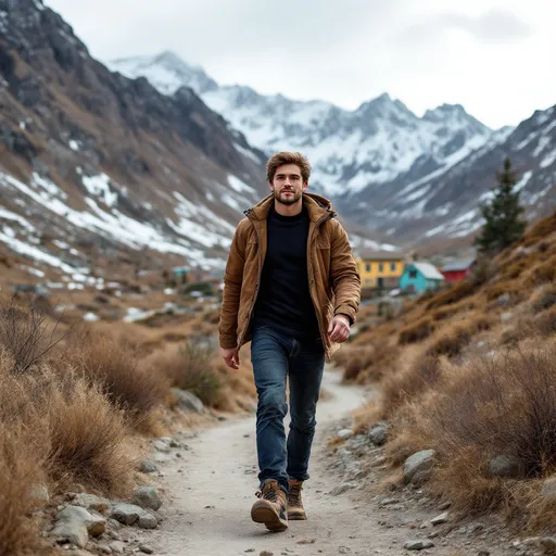 Prompt: A young man confidently walks along a dirt path, dressed in a warm jacket over a black shirt, paired with black pants and slippers, revealing a casual yet determined posture. Behind him rises a rugged landscape of mountains, partially cloaked in patches of snow, creating a picturesque backdrop enhanced by scattered village houses painted in vibrant colors. The terrain appears rocky and uneven, surrounded by dry grass and a few sparse trees, hinting at the season and local environment. Above, the sky is a blend of soft blues and whites, suggesting a clear day that contrasts with the earthy tones of the scene, evoking a sense of tranquility amidst the rugged nature. This image captures a moment of resilience and adventure in a serene, mountainous setting.