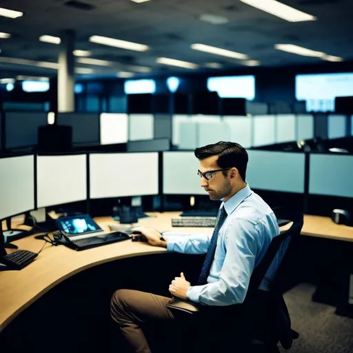 Prompt: One professional man working at a desk
Environment  is an empty office surrounded by computers that are on.
Professional man is looking at stocks and business related themes