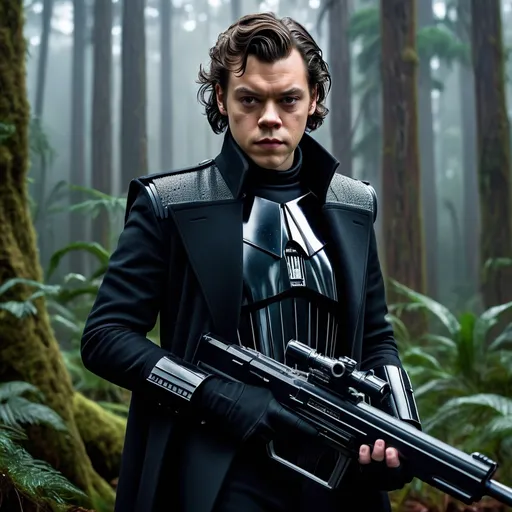 Prompt: Half-body epic Star Wars movie RAW photo of serious Harry Styles as a hitman with dark Imperial military suit, wounded face, imperial star destroyer class I on the sky background, holding a blaster rifle, raining and forest background, serious, intricate, dark theme, Rogue One, George Lucas, JJ Abrams, Michael Bay, highly detailed portrait, (high detailed skin:1.2), 8k uhd, soft lighting, high quality, film grain, Fujifilm XT3, photorealistic image