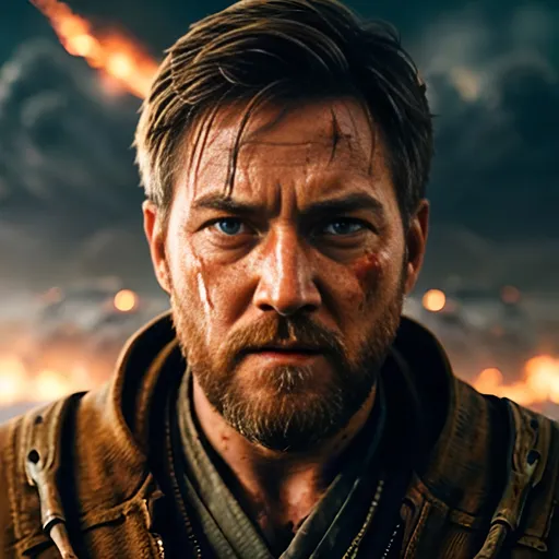 Prompt: Portrait movie illustration of Obi Wan Kenobi, dangerous, furious, angry, face covered by blood, city destructed and fire on background and spaceships on the sky, Intricate, Insanely_Detailed, highly detailed portrait, digital painting, artstation, concept art, smooth, sharp foccus ilustration, artstation hq