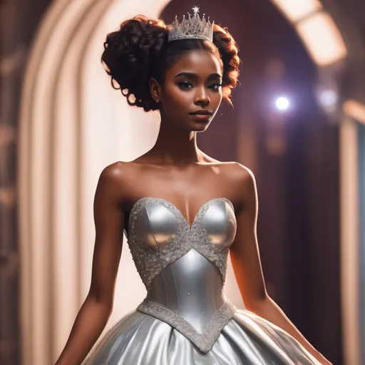 Prompt: a young and thin pretty brown skinned woman with galaxy hair in a silver princess-like ballgown