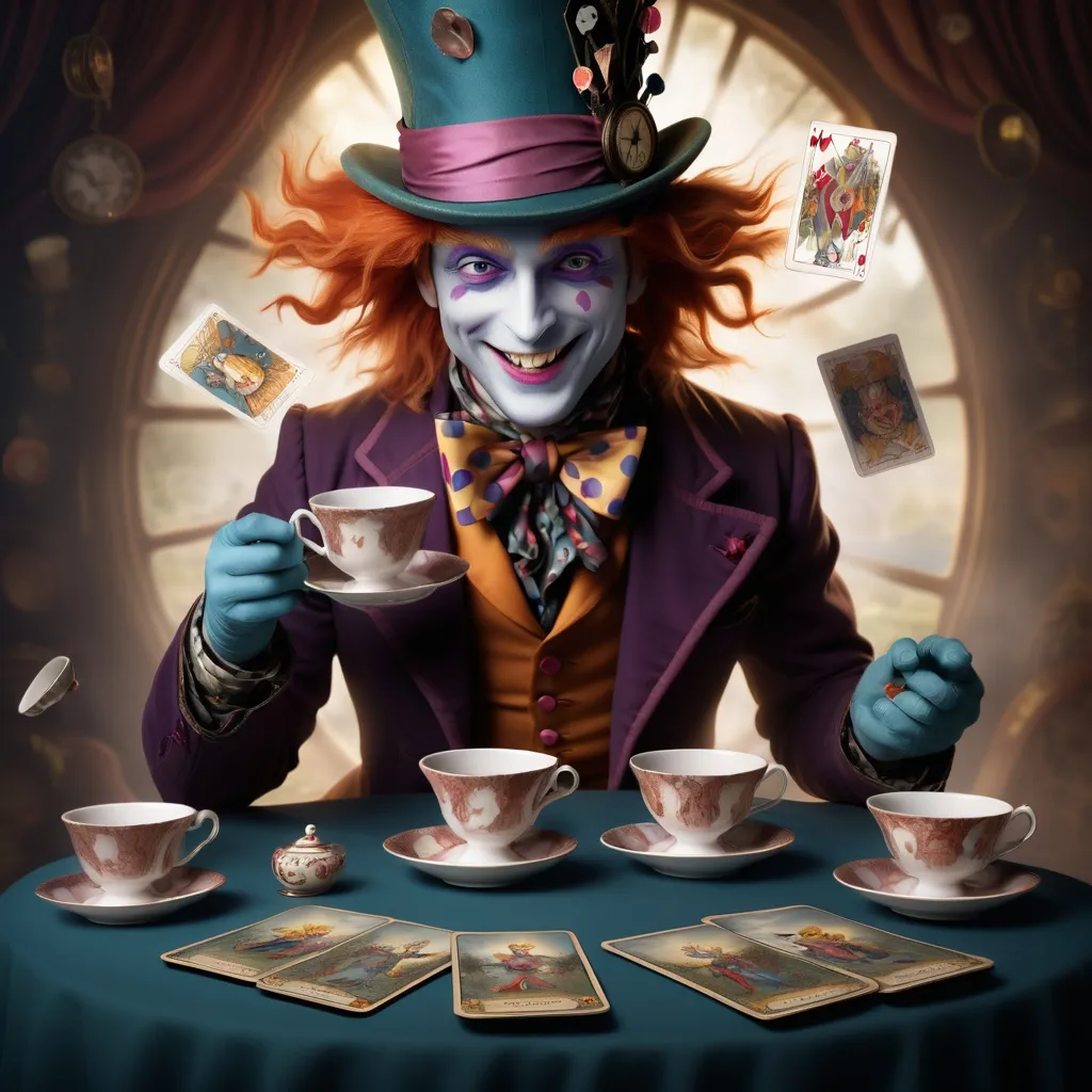 Prompt: Tarot The Sun: The Mad Hatter, laughing and playing with his teacups