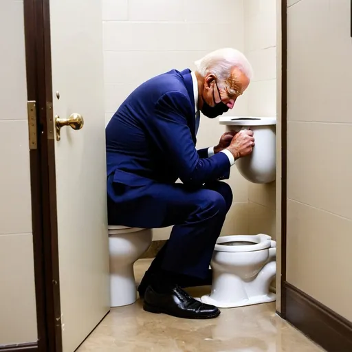 Prompt: Joe Biden pooping on a toilet with the door open

