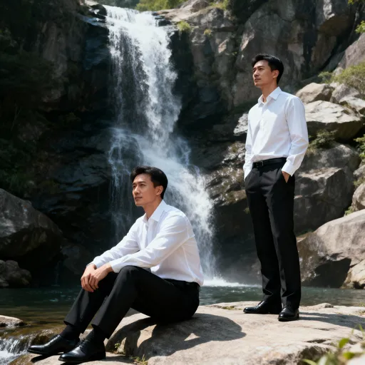Prompt: Two men in formal office attire (white shirts, black trousers), standing in the same poses as an original photo with one sitting and one standing, realistic natural-looking style, HD quality, photo-like, same waterfall and rocky background, highly detailed, natural lighting.
