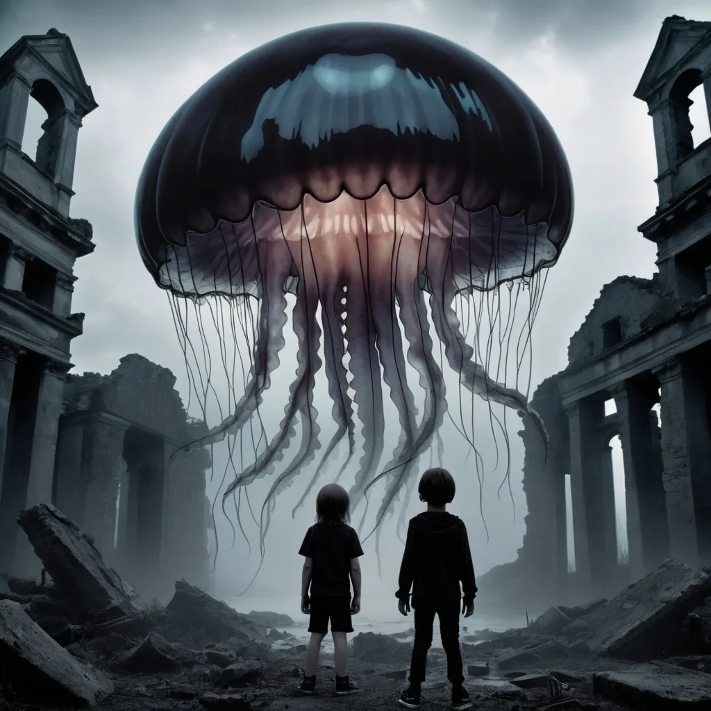 Prompt: black metal music album cover a boy against a background of ruins holds in his hands huge jellyfish foggy