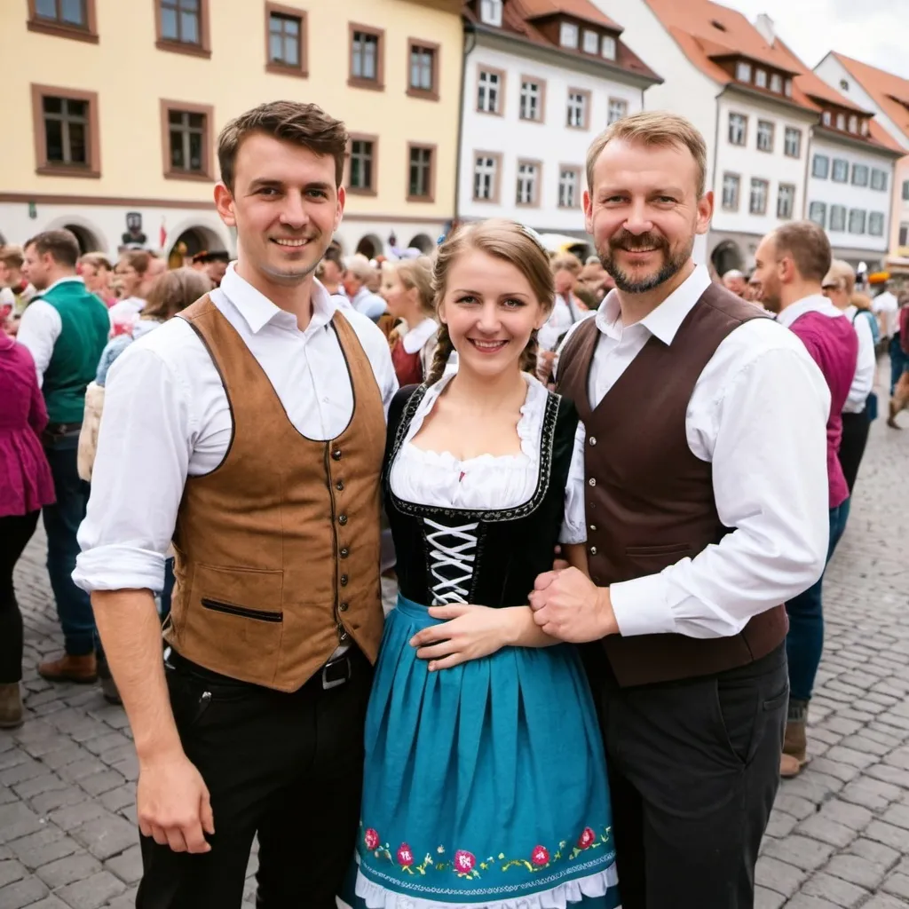 Prompt: Casual volksmarch with men and women wearing dirndl in town square