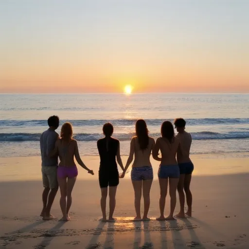 Prompt: 6 friends enjoying at beach sunset time 