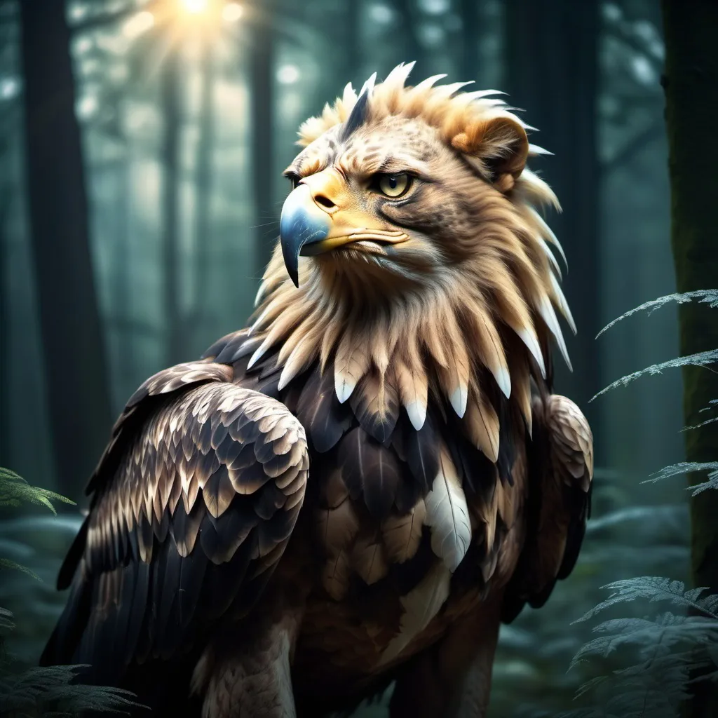 Prompt: Eagle-lion hybrid in a mystical forest, animal hybrid of an eagle and a lion, mix of lion and eagle, high quality, atmospheric lighting