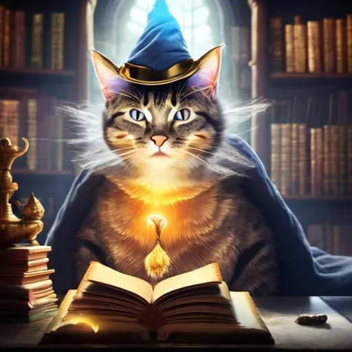 Prompt: a mystical cat, wearing a high class wizard hat, in a library, performing a summon, highly realistic
