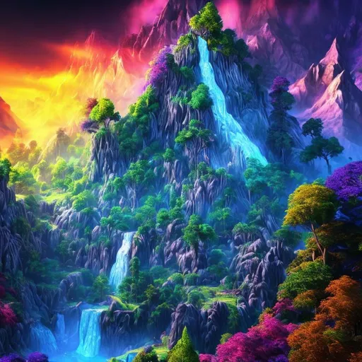 Prompt: mystical mountain, waterfall, massive tree's, colourful atmosphere, epic landscape, high definition, highly detailed.