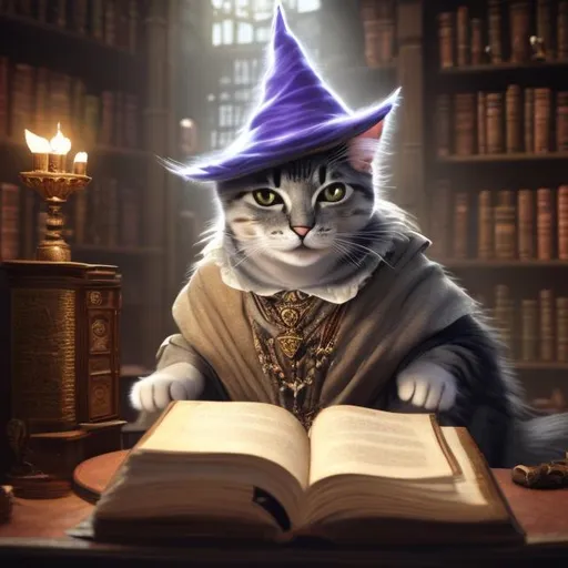 Prompt: a mystical cat, wearing a high class wizard hat, in a library, performing a summon, highly realistic, 
