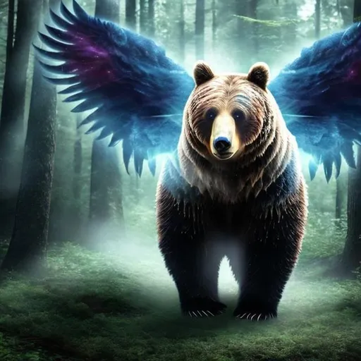 Prompt: mystical bear with wings in a forest