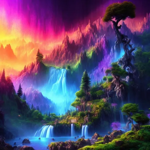 Prompt: mystical mountain, waterfall, massive tree's, colourful atmosphere, epic landscape, high definition, highly detailed.