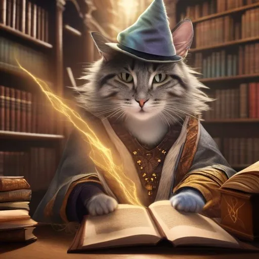 Prompt: a mystical cat, wearing a high class wizard hat, in a library, performing a summon, highly realistic, 
