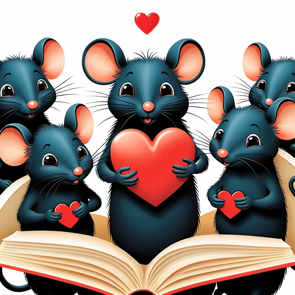 Prompt: children book, many black mice, social interaction with each other, one is holding a heart