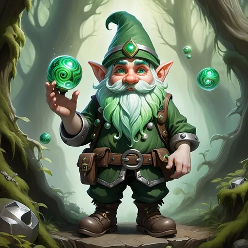 Prompt: A Gnome ranger/articifer who is 4ft tall, has green hair which is shaggy and curled, and a matching beard. He has 5 small metallic orbs on his waistband and one in his hand. The metallic orbs are opaque and have a swirling vortex in them.