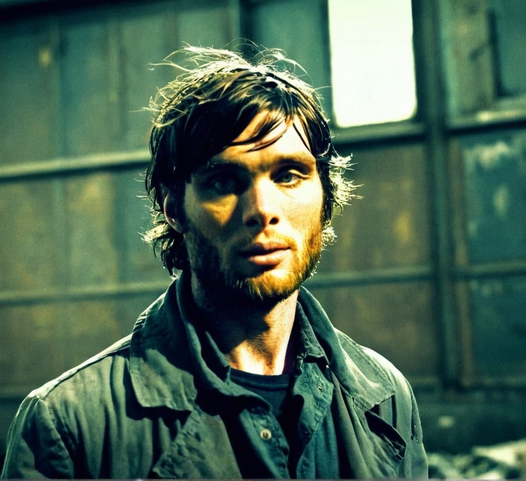 Prompt: Cillian Murphy, casual attire, gray post apocalyptic setting