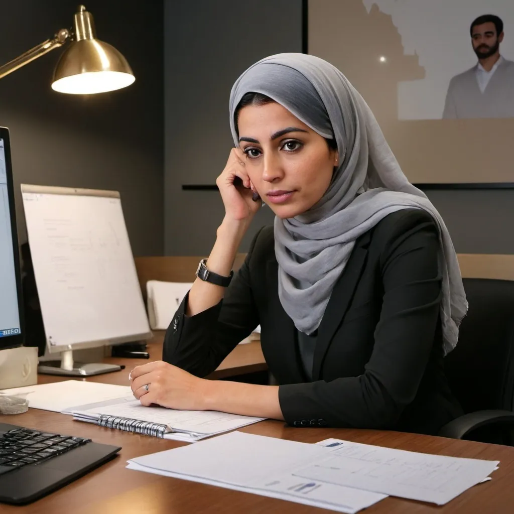 Prompt: (sarah manager thinking), visualizing effective strategies, facial expression of curiosity and determination, serene office setting, soft ambient lighting, capturing an emotional yet focused atmosphere, minimalist desk with a laptop, papers scattered thoughtfully, a window showing a gentle cityscape outside, (HD), detailed clothing, emphasizing professionalism and approachability.he is arab manager