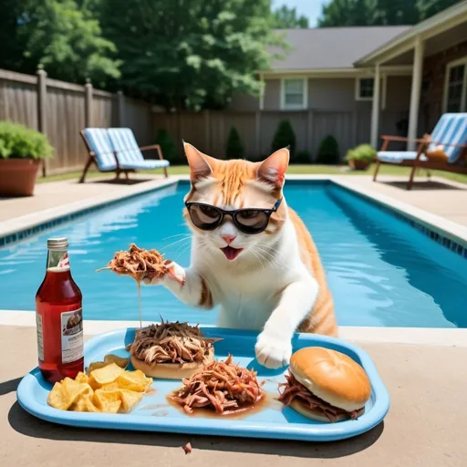 Prompt: A cat eating north carolina style bbq in a pool, specifically pulled pork with vinegar sauce