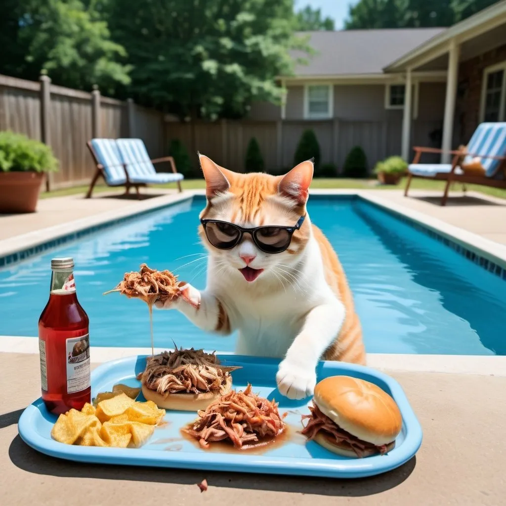 A cat eating north carolina style bbq in a pool, spe...