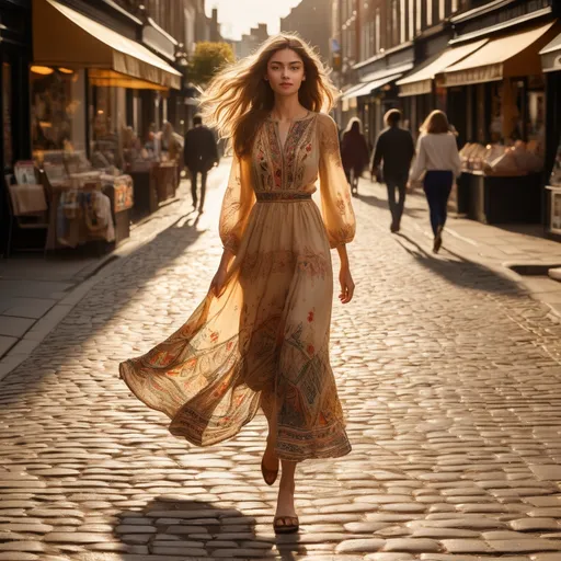 Prompt: Tall young woman walking down the high street, detailed clothing, realistic, natural lighting