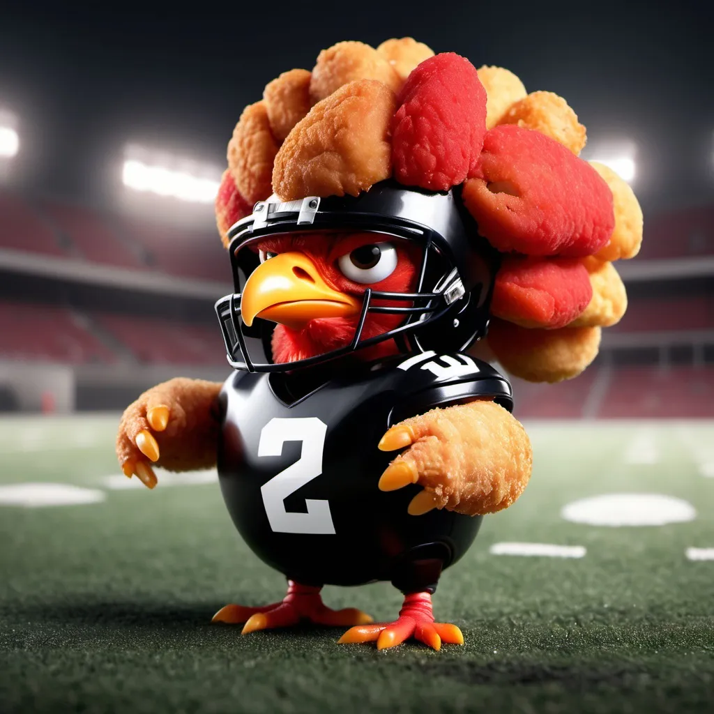 Prompt: an angry Chicken Nugget wearing a black and red football helmet.