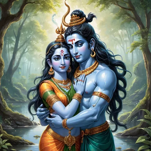 Prompt: "A highly detailed digital illustration of Lord Shiva and Goddess Parvati embracing in a serene and mystical setting. Lord Shiva is depicted with blue skin, a trident (trishul), adorned with traditional ornaments and a snake around his neck. Goddess Parvati is shown with a gentle and loving expression, dressed in a colorful sari with intricate jewelry. The background features a lush, green forest with ethereal lighting and a calm river with sparkling reflections. The overall atmosphere is peaceful and divine, with vibrant colors and a slight glow surrounding the deities."

