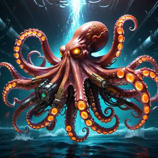 Prompt: Cyborg octopus, metal mixed with flesh
2 tentacle arms have laser cannons on them that are firing 