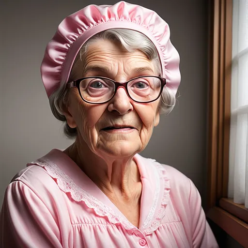 Prompt: I need a pic of a grandma  in a pink nightgown, pink night bonnet, and glasses