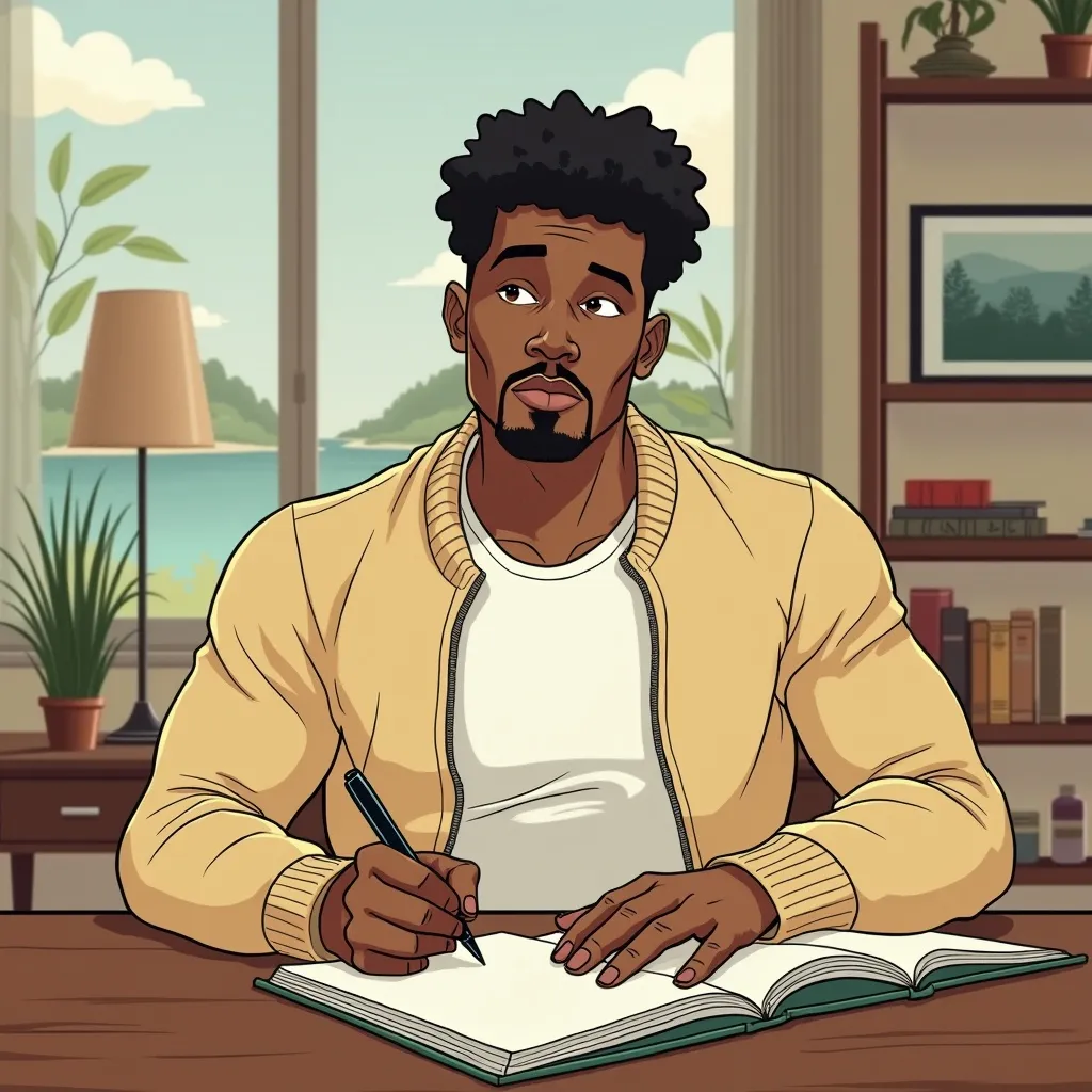 Prompt: Cartoon of a muscular light-skinned African American man writing in his journal at his desk of his mid-century modern living room, he’s wearing a t shirt and a faherty surf to snow zip-up cardigan in oatmeal color, he is thinking about what he wants to write about that is affecting his life
