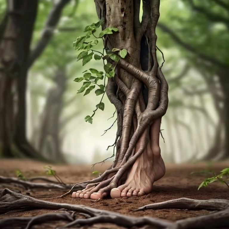 Prompt: Muscular man’s feet become roots. 