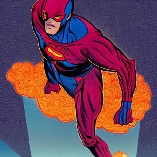 Prompt: A dynamic scene captures the moment of transformation, with superhero suspended mid-air, his body caught in a dramatic pose as red and blue hues clash with the dark, scaly greens and blacks of the emerging Man-Lizard. Illustrate the rippling muscles and webbing breaking apart, his bare feet bursting out of the costume, strands glistening like silk in the upper corner where a cityscape looms behind him, bathed in the golden glow of twilight. Cinematic lighting emphasizes the tension in his expression, a mix of determination and struggle, while fractured buildings cast long shadows. Wisps of smoke rise from below, merging with the aura of change, all rendered in John Romita Jr.'s iconic comic style, defined by bold lines and striking contrasts.