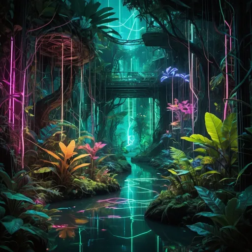 Prompt: A neon-lit jungle with glowing flora and fauna, where the trees are circuit boards and the rivers flow with liquid light