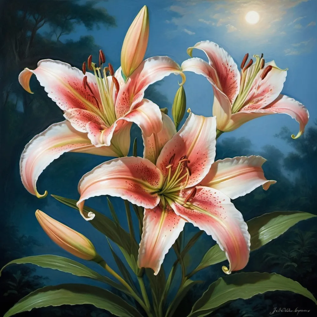 Prompt: Stargazer Lily. A beautiful and romantic landscape of beauty with stargazer lilies in a romanticized image, in the style of John William Waterhouse, J. M. W. Turner, John Constable. Soft blues. Landscape, nature, beauty. Painting, Oil on canvas, romanticism, highly detailed, elegant, very attractive, imperial colors, high definition. 