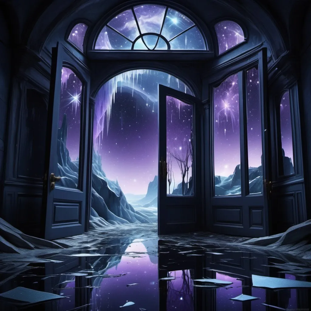 Prompt: A surreal dreamscape: shattered mirrors reflecting eternity, a broken door revealing hidden beauty, a waterfall frozen in time, stars cracking in a dying hall, a twisted, fractured darkness enveloping a Holland landscape, falling stars flooding the scenery, ethereal and haunting, deep blues, purples, and blacks, soft, mysterious lighting, digital art, detailed and surreal, inspired by poetry, Artstation.
