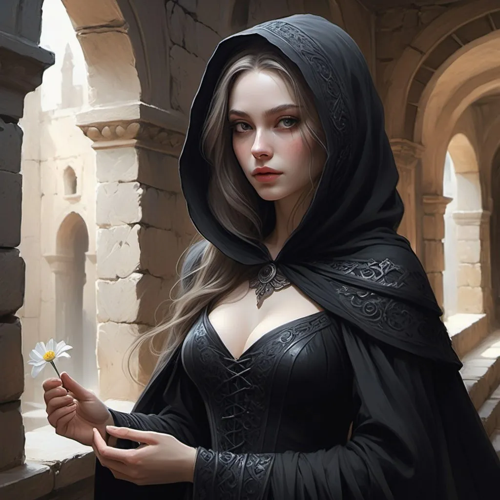 Prompt: Mysterious woman in modest black renaissance attire, reminiscent of a mourning widow, strolling through ancient stone halls, clutching a delicate flower, singing enchantingly. Setting features torch-lit walls casting dancing shadows, built from valley stones, resonating with ancient tales. Character, Kyre Sora, the Siren Lady, exudes elegance with pale complexion, golden eyes, and flowing long hair. Atmosphere evokes epic fantasy with a touch of sadness, emphasizing beauty and grace. Intricate details in clothing and surroundings, rich in emotional depth, creating a scene of captivating melancholy and allure. Black hood and cloak. Fantasy painting, digital painting, pencil sketch. 