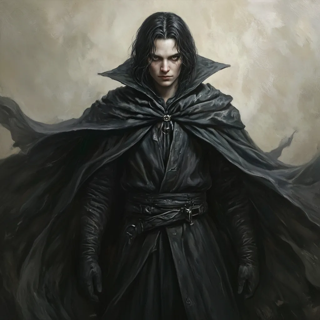 Prompt: Main Character (young wizard), (beautiful portrait oil painting), pale skin, sharp features, (intense sharp eyes), (defined sharp jawline), dark hair (medium to long length), wearing all dark colors, flowing cloak billowing behind him, gloves, (epic fantasy atmosphere), intricate details in fabric and texture, dramatic lighting casting shadows, ultra-detailed, evocative mood.