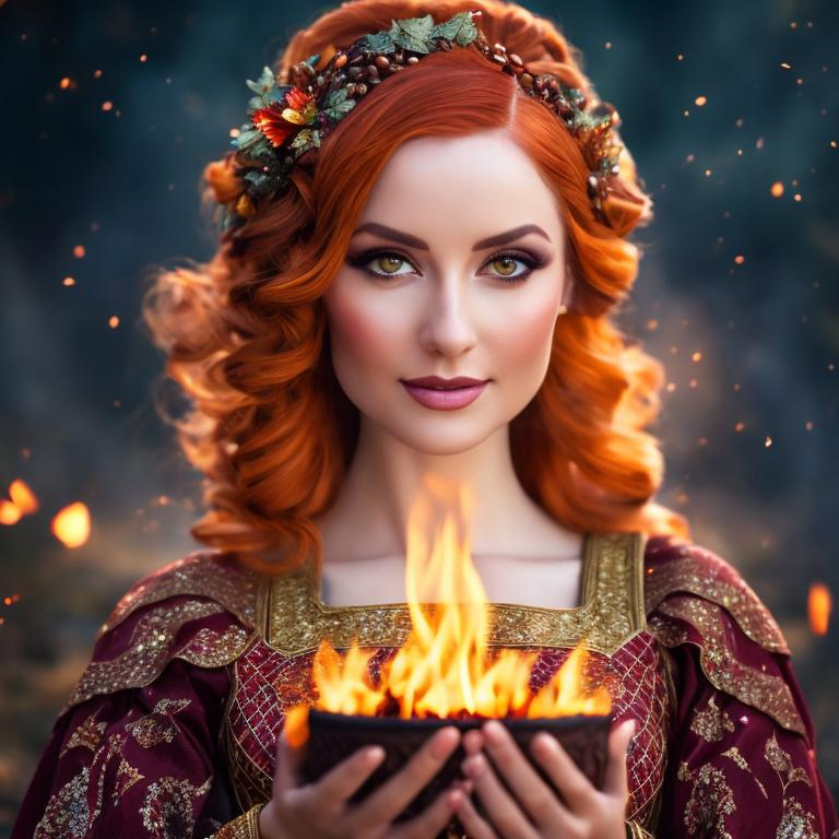 Prompt: A woman holding fire, dressed in cute, super beautiful and gorgeous minstrel garments, fantasy maiden, beautiful. She has green eyes and red hair. stunningly beautiful fantasy image romantic