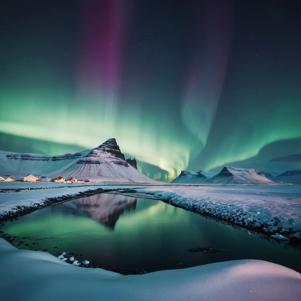 Prompt: A breathtaking view of the Northern Lights shimmering over a snowy Icelandic landscape