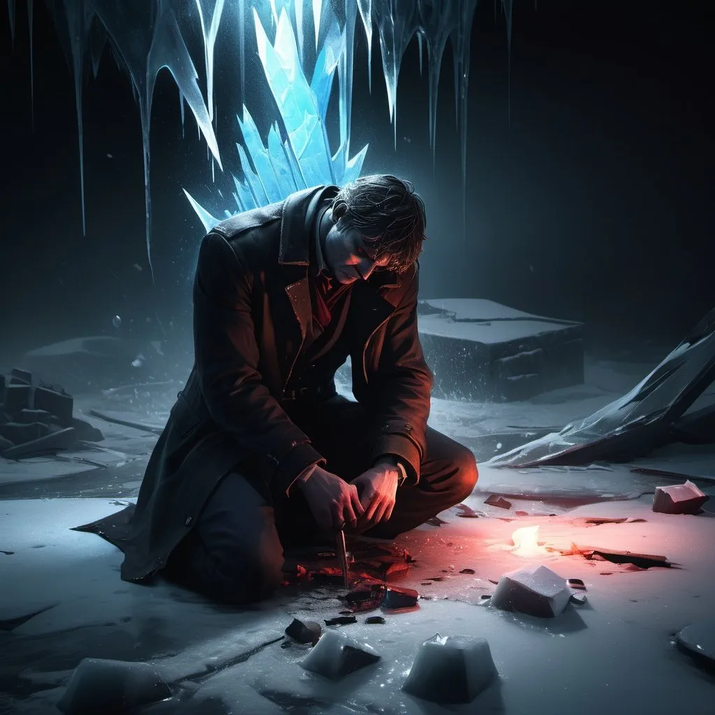 Prompt: Betrayal aftermath, icy steel sensation, fatal confrontation, bitter emotions, love turned fable, chilling atmosphere, frozen heartbreak, dramatic lighting, dark shadows, intense color contrast, emotional turmoil, raw anguish, surreal composition, abstract interpretation, sharp details, digital art, evocative narrative, Artstation.