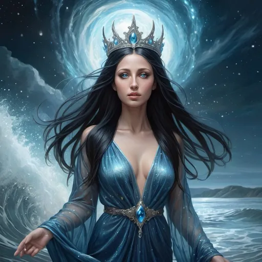Prompt: Majestic kelpie queen, oceanic realm, ethereal being, flowing blue robe merging with water, sparkling and shimmering, long black hair reaching the skies, dark celestial heavens, tiara of shimmering stars, captivating eyes, pale skin, hyperrealistic fantasy portrayal, detailed features, intricate water textures, mystical ambiance, enchanting lighting, by a master of fantasy art, ArtStation.

