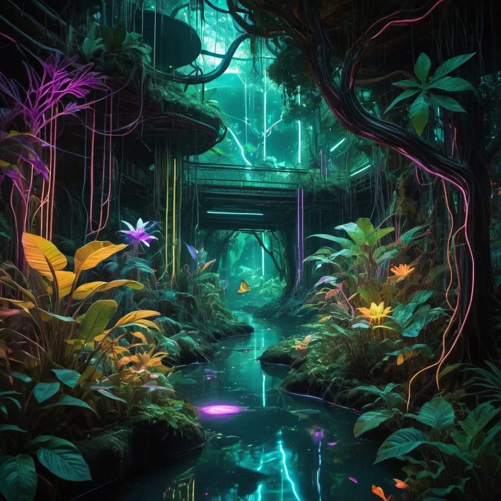 Prompt: A neon-lit jungle with glowing flora and fauna, where the trees are circuit boards and the rivers flow with liquid light