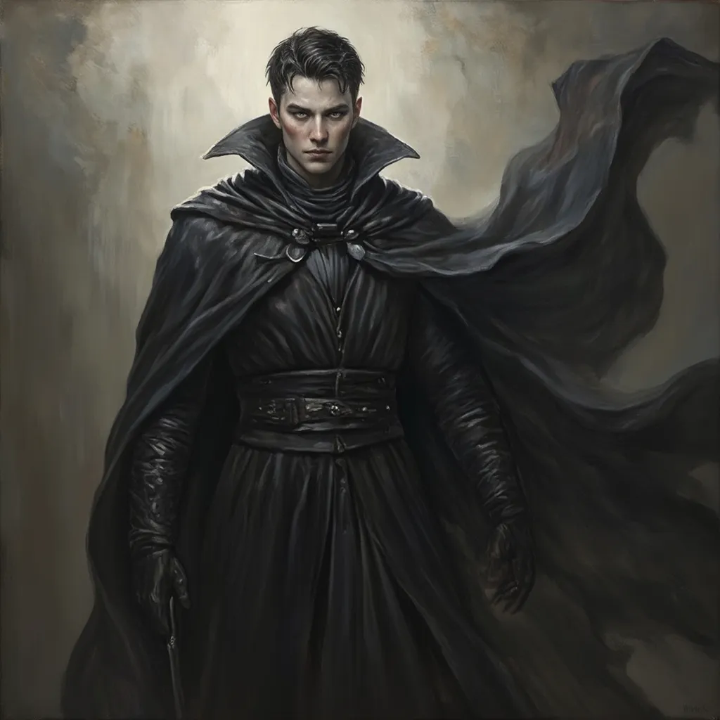 Prompt: Main Character (young wizard), (beautiful portrait oil painting), pale skin, sharp features, (intense sharp eyes), (defined sharp jawline), dark hair (short to medium length), wearing all dark colors, flowing cloak billowing behind him, gloves, (epic fantasy atmosphere), intricate details in fabric and texture, dramatic lighting casting shadows, ultra-detailed, evocative mood.